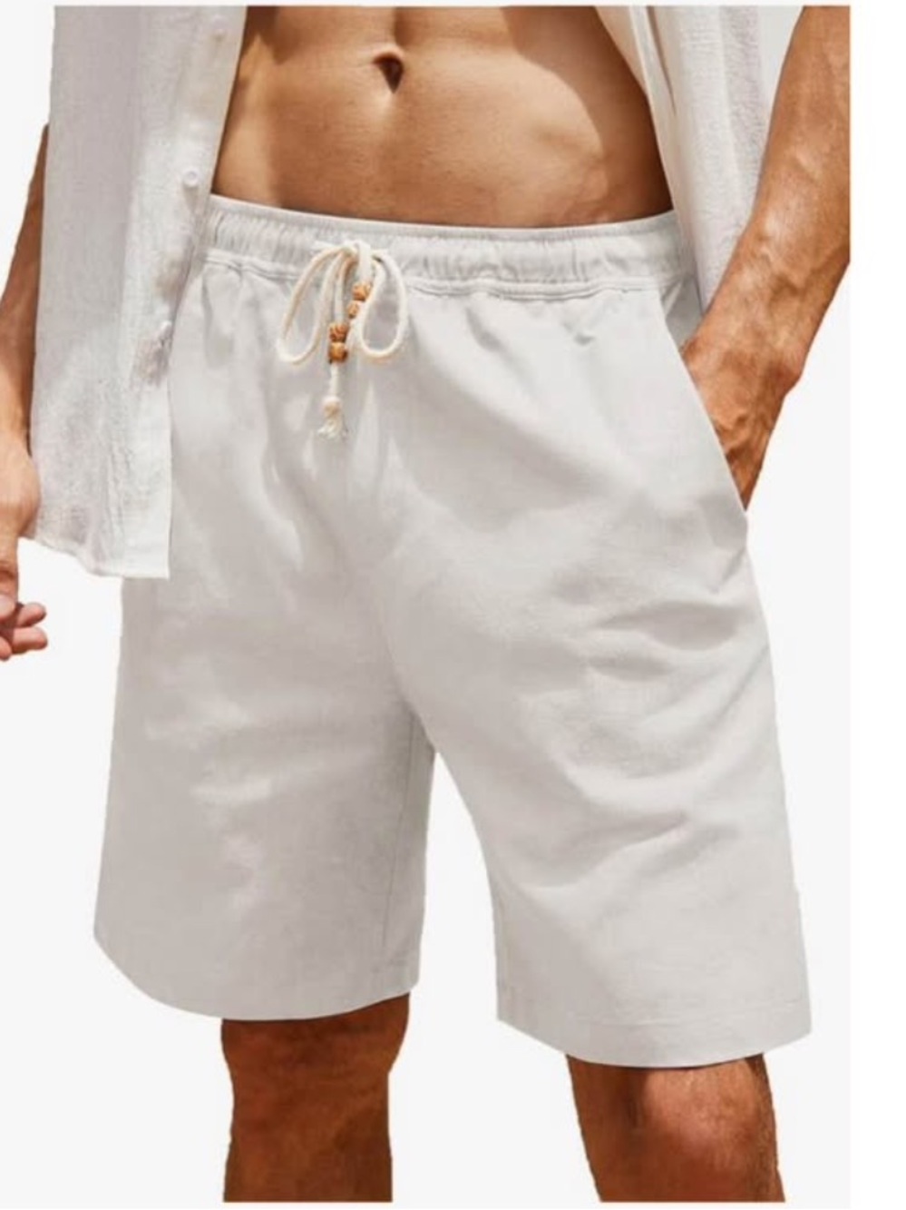 Amazon Essentials Men's Cream Linen  Elastic Waist Drawstring Shorts